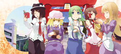  5girls book commentary_request hakurei_reimu hat kannasetsuna kochiya_sanae long_hair maribel_hearn multiple_girls no_headwear one_eye_closed photoshop_(medium) ribbon short_hair smile torii touhou usami_renko yakumo_yukari 