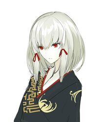  albino commentary fatal_frame fatal_frame_5 female floral_print hair_ornament hair_ribbon japanese_clothes kauto kimono red_eyes ribbon shiragiku_(fatal_frame) short_hair simple_background solo white_background white_hair 