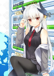  bare_shoulders black_pantyhose black_skirt blush breasts commentary_request cosplay fate/grand_order fate_(series) female fuji_kakei highres kiyohime_(fate) kiyohime_(third_ascension)_(fate) long_hair mash_kyrielight mash_kyrielight_(cosplay) medium_breasts necktie off_shoulder pantyhose red_eyes red_necktie skirt smile white_hair 