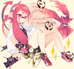  ahoge bandaid bandaid_on_face bandaid_on_knee bandaid_on_leg bike_shorts commentary_request etsuo female hair_ornament hairclip inkling inkling_girl inkling_player_character long_sleeves pink_eyes pink_hair pointy_ears shirt shoes sitting sneakers solo splatoon_(series) splatoon_1 sploosh-o-matic_(splatoon) squid super_soaker tentacle_hair vest 