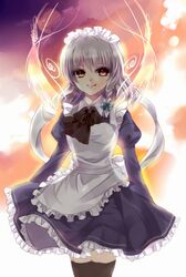  apron black_thighhighs braid commentary_request dress female grey_hair izayoi_sakuya maid maid_headdress red_eyes ribbon short_hair siro_asterisk solo thighhighs touhou twin_braids 