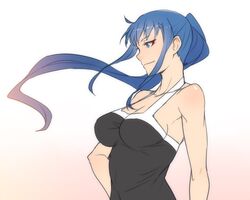  ban!_(bansankan) blue_eyes blue_hair breasts cleavage commentary_request female gradient_background grisaia_(series) grisaia_no_rakuen hand_on_own_hip kusakabe_asako long_hair medium_breasts ponytail smile solo 