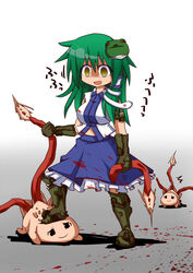  blood blood_on_clothes blood_on_face boots commentary_request dead_space empty_eyes female frog gloves green_hair hair_ornament honehone kochiya_sanae long_hair lurker_(dead_space) necromorph snake solo tentacle touhou yandere yellow_eyes yukkuri_shiteitte_ne 