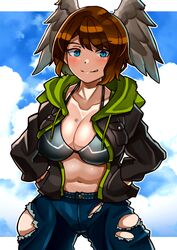  absurdres bikini black_bikini black_choker black_jacket blue_eyes breast_tattoo breasts brown_hair choker cleavage denim eunie_(xenoblade) female head_wings highres hood jacket jeans large_breasts long_hair looking_at_viewer oniisan02b open_clothes open_jacket pants short_hair solo swimsuit tattoo white_wings wings xenoblade_chronicles_(series) xenoblade_chronicles_3 