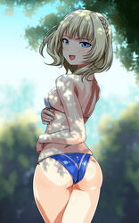  anime_coloring ass bikini blonde_hair blue_bikini blue_eyes braid breasts colorado_(kancolle) cowboy_shot day female from_behind kantai_collection mismatched_bikini monteriakitto outdoors short_hair side_braids small_breasts solo standing swimsuit white_bikini 