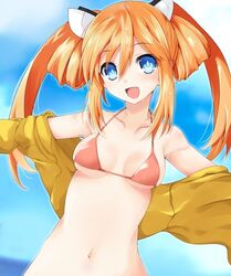  bare_shoulders bikini blush breasts commission double_bun elbow_gloves female gloves hair_between_eyes hair_bun hair_rings happy iwashi_dorobou_-r- long_hair looking_at_viewer medium_breasts navel neptune_(series) open_mouth orange_heart_(neptunia) power_symbol power_symbol-shaped_pupils shin_jigen_game_neptune_vii smile solo swimsuit symbol-shaped_pupils twintails 