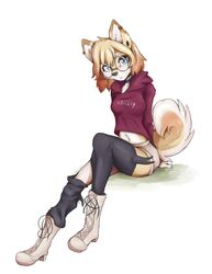  anthro arm_support aska_(anakoluth) black_nose blue_eyes boots bottomwear breasts brown_body brown_fur brown_hair canid canine canis choker clothing curled_tail domestic_dog ear_piercing eyebrows eyewear female footwear fur gauged_ear glasses hair hands_behind_back hi_res hoodie jewelry legwear looking_at_viewer mammal necklace piercing shiba_inu short_hair shorts simple_background sitting solo spitz strawberry_blonde tail text text_on_clothing text_on_hoodie text_on_topwear thigh_highs tinygaypirate topwear white_background white_body white_eyebrows white_fur 