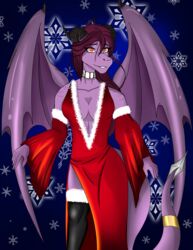  absurd_res anthro breasts choker christmas cleavage clothed clothing dragon dress female hair hi_res holidays horn jewelry katrina_star markings mythological_creature mythological_scalie mythology necklace pupils purple_hair ring_(marking) ringed_tail scalie shaded slit_pupils soft_shading solo striped_markings striped_tail stripes sydi tail tail_markings wings 