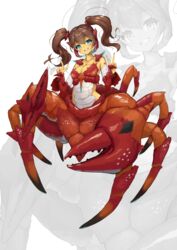  absurdres arthropod_girl arthropod_limbs bare_shoulders blue_eyes blush breasts brown_hair carapace claws cleavage collarbone commentary_request crab_claw crab_girl double_v female full_body grin hair_between_eyes hands_up head_tilt highres long_hair looking_at_viewer medium_breasts midriff monster_girl original pincers red_nails shitoi_(aqua1487) sidelocks smile solo standing taur teeth twintails v white_background zoom_layer 