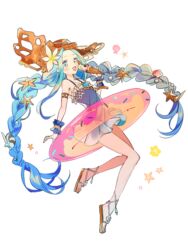  bare_legs bare_shoulders blouse blue_eyes blue_hair blue_shirt blush braid brooch commentary_request cunonn doughnut_innertube female flower food full_body granblue_fantasy hair_flower hair_ornament hat holding holding_food ice_cream innertube jewelry long_hair lyria_(daughter_of_pearl)_(granblue_fantasy) lyria_(granblue_fantasy) official_alternate_costume sandals shirt simple_background smile solo spaghetti_strap sun_hat swim_ring twin_braids very_long_hair white_background wrist_cuffs 