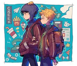  2boys animification backpack bag black_hair blonde_hair blue_jacket chullo craig_tucker cup disposable_cup food french_fries green_shirt hands_in_pockets hat highres hood ice_cream jacket locked_arms male_focus messy_hair multiple_boys nocolour phone shirt short_hair south_park tweek_tweak 