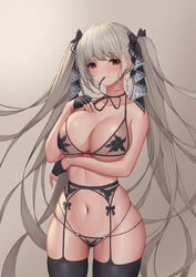  arm_under_breasts azur_lane baeg_mi black_bow black_gloves black_ribbon black_thighhighs blush bow bra breasts brown_bra brown_panties cleavage closed_mouth collarbone commentary cowboy_shot earrings female fingerless_gloves floral_print formidable_(azur_lane) garter_belt gloves grey_hair hairbow hand_on_own_chest highres jewelry large_breasts lingerie long_hair looking_at_viewer mouth_hold navel neck_ribbon panties print_bra print_panties red_eyes ribbon rose_print skindentation smile solo stomach thighhighs twintails underwear underwear_only very_long_hair 