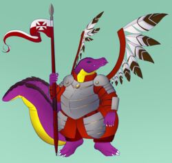  absurd_res alligator alligatorid anthro armor crocodilian cruxable feathers green_eyes hi_res lance male melee_weapon octariax polearm polish_flag pose purple_body purple_scales purple_skin reptile scales scalie shoulder_guards simple_background solo tail thick_tail weapon winged_hussar yellow_body yellow_scales yellow_skin 