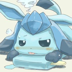  1:1 2014 ambiguous_gender blep blue_body blue_eyes blue_fur blush bodily_fluids dessert eeveelution feral food fur generation_4_pokemon glaceon ice_cream lying nintendo on_front paws pokemon pokemon_(species) popsicle sea_salt_ice_cream solo sweat sweatdrop tongue tongue_out wadorigi 