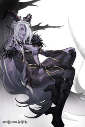  astaroth_(dungeon_and_fighter) bare_shoulders belt black_legwear black_nails boots breasts cleavage colored_skin dungeon_and_fighter female horns kasy korean_commentary large_breasts long_hair navel pointy_ears purple_lips purple_skin red_eyes solo torn_clothes torn_legwear white_hair 