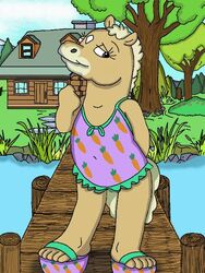  blonde_hair bojack_horseman brandonomegax2 cabin clothing equid equine feet female footwear hair harper_horseman horse humanoid_feet mammal netflix one-piece_swimsuit plant plantigrade platform_footwear sandals sky solo swimwear tree water wood young 