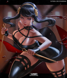  artist_name bare_shoulders black_dress black_gloves black_hair blood blurry blurry_background breasts cleavage cowboy_shot dagger dress earrings english_commentary female fingerless_gloves flower gloves gold_hairband golden_rose hair_flower hair_ornament hairband highres holding izhardraws jewelry knife large_breasts light_particles looking_at_viewer necklace outside_border red_eyes red_nails serious short_hair_with_long_locks sidelocks solo spy_x_family stiletto_(weapon) thighhighs weapon yor_briar 