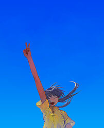  :d ^_^ arm_up blue_background closed_eyes day female hair_bobbles hair_ornament hair_over_one_eye happy long_arms narutaru open_mouth purple_hair shirt short_sleeves sky smile solo suke_(user_gzvk4878) tamai_shiina twintails v yellow_shirt 