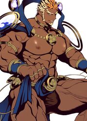  1boy abs bara blonde_hair blush bulge chillasan facial_hair feet_out_of_frame from_side goatee gyee highres large_pectorals long_sideburns male_focus multicolored_hair muscular muscular_male navel nipples orange_eyes orange_hair pectorals pointy_ears raikoh_(paradiso_guardian) sideburns smile solo thick_thighs thighs topless_male veins 