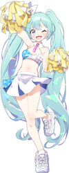  absurdres alternate_costume aqua_eyes aqua_hair armpits blue_archive blush cheering cheerleader collar collarbone commentary cosplay crop_top female full_body fuusen_neko hatsune_miku highres holding holding_pom_poms long_hair looking_at_viewer midriff millennium_cheerleader_outfit_(blue_archive) navel oerba_yun_fang one_eye_closed open_mouth pom_pom_(cheerleading) shoes simple_background skin_fang skirt smile sneakers solo standing standing_on_one_leg stomach stomach_day tongue twintails very_long_hair vocaloid white_background white_collar white_skirt 