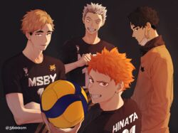  4boys 5600cm aged_up ball black_eyes black_hair blonde_hair bokuto_koutarou crossed_arms from_above grey_hair grin haikyuu!! head_tilt highres hinata_shouyou holding holding_ball jacket looking_at_viewer looking_back male_focus mask mask_pull miya_atsumu mouth_mask multiple_boys orange_eyes profile sakusa_kiyoomi short_hair simple_background smile sportswear standing twitter_username volleyball_uniform yellow_eyes 