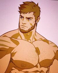  1boy armpit_hair bara beard brown_eyes brown_hair cayden_(dizdoodz) chest_hair closed_mouth dizdoodz facial_hair highres male_focus mature_male muscular muscular_male nude original pectorals sideburns solo upper_body 