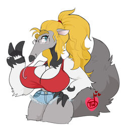  1:1 adamios_(character) anteater anthro big_breasts blonde_hair bottomwear breasts cleavage clothed clothing digital_media_(artwork) eyewear female gesture glasses hair hand_gesture hand_on_hip hi_res hotpants mammal pilosan ponytail portrait shirt shorts solo tank_top temporarywizard thick_thighs three-quarter_portrait tongue tongue_out topwear v_sign xenarthran 