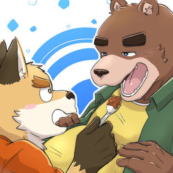  1:1 2020 anthro bear belly blush brown_body brown_fur canid canine clothing duo food fur hi_res humanoid_hands kemono male mammal nekodon_san overweight overweight_male shirt topwear 