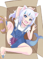  absurdres animal_ears blue_dress blue_eyes blue_hair blush box buckle buttons cat_ears diamond_(shape) dot_nose dress fake_tail female fins fish_tail front_slit gawr_gura gawr_gura_(casual) grey_hair highres hololive hololive_english in_box in_container incoming_kick kicking ksatorium531 multicolored_hair pinafore_dress sandals shark_girl shark_tail sharp_teeth shirt simple_background sleeveless sleeveless_dress solo tail teeth trident_print two-tone_hair virtual_youtuber white_background white_shirt 