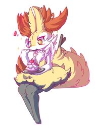  2018 3:4 3_toes anthro biped blush braixen dipstick_tail eating feet female food fur generation_6_pokemon happy heart_symbol hi_res inner_ear_fluff markings multicolored_body multicolored_fur multicolored_tail nintendo nyaswitchnya poke_puff pokemon pokemon_(species) simple_background sitting solo star_eyes stick tail tail_markings toes tuft white_background 