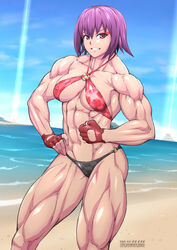  abs bikini black_panties ebr-kii female gloves heterochromia highres looking_at_viewer muscular muscular_female o-ring o-ring_bikini panties phantasy_star phantasy_star_online_2 pose purple_eyes purple_hair red_bikini red_eyes smile solo source_request swimsuit teeth underwear 