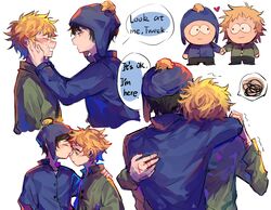  2boys animification black_hair blonde_hair blue_jacket chullo closed_eyes craig_tucker green_eyes green_shirt hand_on_another&#039;s_face hat highres holding_hands jacket male_focus messy_hair multiple_boys nocolour shirt short_hair south_park tears tweek_tweak yaoi 