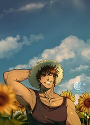  1boy aged_down armpit_hair bara battle_tendency blue_sky brown_hair catneylang cloud cloudy_sky flower hat highres jojo_no_kimyou_na_bouken joseph_joestar joseph_joestar_(young) male_focus muscular muscular_male outdoors pectorals short_hair sky smile solo straw_hat sunflower teeth 