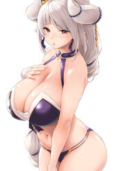  azusa_(granblue_fantasy) azusa_(summer)_(granblue_fantasy) bandaged_hand bandages bikini breasts cleavage commentary draph female granblue_fantasy grey_hair halterneck hand_on_own_chest highres horns kemigawa_mondo large_breasts long_hair looking_at_viewer navel parted_lips pointy_ears purple_bikini red_eyes simple_background solo swimsuit symbol-only_commentary white_background white_horns 