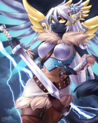  2019 anthro armor belt black_body black_fur blizzard_entertainment boob_armor breastplate breasts cosplay dannyckoo domestic_cat electricity energy_wings felid feline felis female fur hair hi_res holding_melee_weapon holding_object holding_sword holding_weapon lightning mammal mechanical_wings melee_weapon mercy_(overwatch) metal_wings overwatch solo sword tresertf vambrace weapon white_hair wings yellow_eyes 