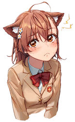  animal_ear_fluff animal_ears blazer blush bow bowtie brown_eyes brown_hair brown_jacket cat_ears commentary cropped_arms cropped_torso crying electricity female frown highres jacket looking_at_viewer misaka_mikoto nyamunyamu red_bow school_uniform shirt simple_background solo symbol-only_commentary toaru_kagaku_no_railgun toaru_majutsu_no_index tokiwadai_school_uniform upper_body white_background white_shirt winter_uniform 