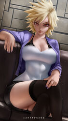  artist_name bakugou_mitsuki blonde_hair boku_no_hero_academia bra_strap breasts cardigan cleavage commentary couch crossed_legs english_commentary feet_out_of_frame female hand_on_leg highres izhardraws large_breasts light_particles looking_at_viewer mature_female miniskirt open_clothes purple_cardigan purple_nails red_eyes shirt short_hair sitting skirt smile solo spiked_hair thighhighs wall white_shirt 