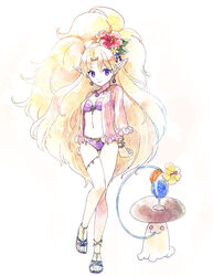  big_hair blonde_hair blue_eyes breasts closed_mouth drink earrings esper_(saga_2) female flower full_body hair_flower hair_ornament jewelry long_hair looking_at_viewer monster navel necklace no_s pointy_ears purple_eyes saga saga_2 simple_background smile solo swimsuit toeless_footwear white_background 