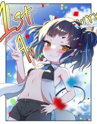  anniversary bare_arms bare_shoulders black_hair black_shorts blue_hair blue_sky blush breasts brown_eyes cloud cloudy_sky collared_shirt commentary_request confetti cottage_project day demon_tail female grin hair_ornament hand_on_own_hip highres looking_at_viewer mashika_tsuno multicolored_hair navel outdoors shirt short_eyebrows short_shorts shorts sky sleeveless sleeveless_shirt small_breasts smile solo streaked_hair tail templus thick_eyebrows two_side_up virtual_youtuber white_shirt 