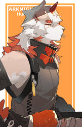  1boy animal_ears arknights bad_id bad_twitter_id bara bare_shoulders brown_fur copyright_name dog_boy dog_ears furry furry_male highres hung_(arknights) loss_kim male_focus multicolored_hair orange_hair solo streaked_hair two-tone_fur white_fur white_hair yellow_eyes 