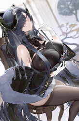  absurdres august_von_parseval_(azur_lane) azur_lane bare_shoulders black_dress blue_eyes blush breasts brown_thighhighs calder curled_horns dress feather_boa female gloves grey_hair hair_ribbon highres horns huge_breasts long_hair looking_at_viewer mechanical_horns ribbon sitting solo thighhighs thighs white_gloves 