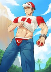  1boy abs alternate_pectoral_size bara baseball_cap black_hair blue_sky bulge clothes_lift cloud commentary day denim english_commentary hat holding holding_poke_ball jeans male_focus male_underwear male_underwear_peek muscular muscular_male open_clothes open_mouth outdoors palm_tree pants pectorals poke_ball poke_ball_(basic) pokemon pokemon_sm red_(pokemon) red_male_underwear shirt_lift short_hair sky solo sweat sweatdrop thick_thighs thighs tree underwear unzipped yellow_eyes zink_(zink_mchn) 