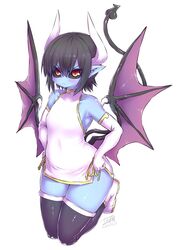  annoyed black_hair black_sclera black_tail black_thighhighs black_wings blue_skin colored_sclera colored_skin demon_girl demon_horns demon_tail demon_wings dress elbow_gloves female flat_chest gloves highres horns kneeling legs_together looking_at_viewer pointy_ears red_eyes seizaverus shinrabanshou short_hair sleeveless sleeveless_dress solo tail thighhighs thighs white_dress white_footwear white_gloves white_horns wings zyugoya 