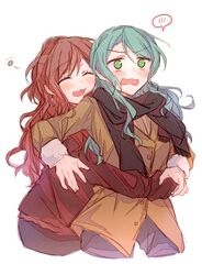  2girls @_@ arm_around_waist bad_id bad_twitter_id bang_dream! black_scarf blush brown_coat brown_hair closed_eyes coat commentary cropped_legs green_eyes green_hair hair_between_eyes hayano_hikawa hikawa_sayo hug hug_from_behind imai_lisa long_hair long_sleeves multiple_girls open_mouth scarf smile spoken_blush white_background yuri 