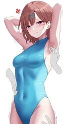  anger_vein armpits blue_one-piece_swimsuit breasts brown_hair commentary_request commission covered_navel cowboy_shot disembodied_hand female hibika highres higuchi_madoka idolmaster idolmaster_shiny_colors mole mole_under_eye one-piece_swimsuit purple_eyes short_hair simple_background skeb_commission small_breasts solo_focus sweater swept_bangs swimsuit tickling tickling_armpits tickling_legs tickling_sides trembling turtleneck white_background 