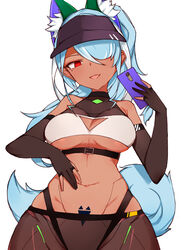  absurdres andou_inari andou_inari_official android belt blue_hair breasts cellphone choumi_wuti_(xueye_fanmang_zhong) dark-skinned_female dark_skin elbow_gloves female fox_girl fox_tail gloves hat highres joints mecha_musume mechanical_ears multicolored_hair navel nijisanji one_eye_covered out-of-frame_censoring phone red_eyes robot_joints see-through selfie solo streaked_hair sun_hat tail underboob virtual_youtuber virtuareal 