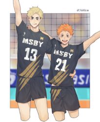  2boys 5600cm :d :q blonde_hair blurry border brown_eyes haikyuu!! highres hinata_shouyou hug looking_at_viewer male_focus miya_atsumu multiple_boys open_mouth orange_hair short_hair smile sportswear standing sweat tongue tongue_out twitter_username volleyball_net volleyball_uniform 