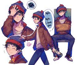  1boy alcohol animification beanie black_hair blue_eyes blush bottle bound brown_jacket drunk hat highres jacket male_focus nocolour restrained rope short_hair sitting smile south_park stan_marsh tears 