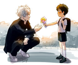  2boys aged_down backpack bag black_footwear black_hair black_jacket black_pants black_shorts blush candy closed_mouth collared_shirt commentary_request day dress_shirt eye_contact flower food gakuran gintama hair_between_eyes hijikata_toushirou holding jacket lollipop looking_at_another male_focus multiple_boys outdoors pants sakata_gintoki school_uniform shirt shoes short_shorts shorts signature socks squatting tengo_(metron) wavy_mouth white_footwear white_hair white_legwear white_shirt yellow_flower 