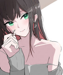  absurdres bare_shoulders black_hair brown_hair camisole collarbone colored_inner_hair crescent crescent_earrings diamond-shaped_pupils diamond_(shape) earrings eyes_visible_through_hair female green_eyes grey_camisole grey_sweater hair_ornament hairclip head_tilt heart heart-shaped_pupils highres hizuki_yui jewelry light_blush light_smile long_hair mole mole_under_eye multicolored_hair neo-porte off_shoulder portrait red_hair shade sidelocks simple_background sleeves_past_wrists solo sweater symbol-shaped_pupils tokisaka_makoto twirling_hair virtual_youtuber 